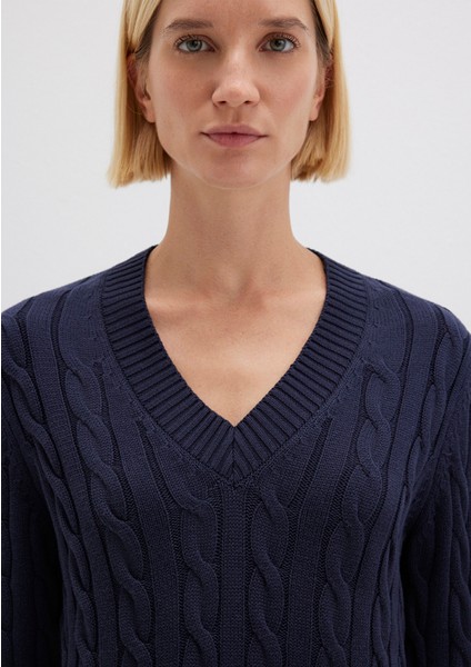 Ipek Karışımlı V Yaka Lacivert Kazak 1710720-89101