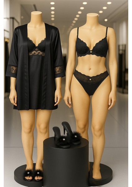 Kadın Giyim 5 Parça Saten Gecelik - Sabahlık & Dantelli Iç Çamaşır Takımı & Tüy Detay Terlik