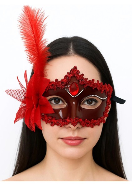 Kırmızı Mat Renk Yandan Tüylü Güllü Parti Balo Venedik Maskesi 16X22