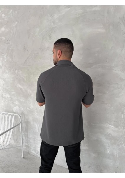 Yakalı Patlı Kısa Kol T-Shirt - Antrasit