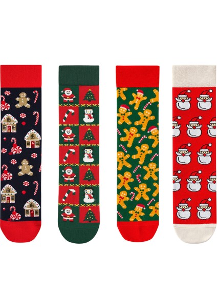 Yılbaşı Temalı Noel Baba ve Kurabiye Desenli 4’lü Yılbaşı Çorap Seti