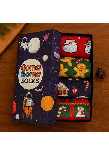 Yılbaşı Temalı Noel Baba ve Kurabiye Desenli 4’lü Yılbaşı Çorap Seti fiyatları