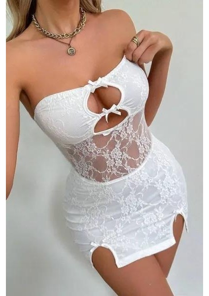 Beyaz Dantel İşlemeli Göğüs Dekolteli Seksi 5081 fiyatları