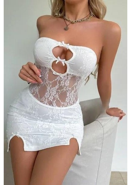 Beyaz Dantel İşlemeli Göğüs Dekolteli Seksi 5081 modelleri
