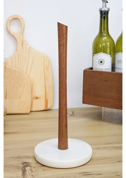 FR-5020 El Yapımı Traverten Mermer Kağıt Havluluk - Ahşap Saplı Doğal Stand