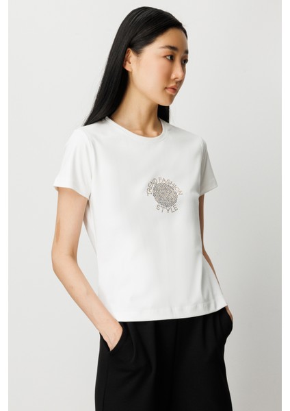 Kadın Önü Taş Baskılı Kısa Kollu Bluz 61330 Ekru fiyatları