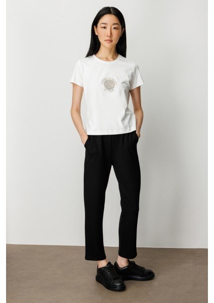 Kadın Önü Taş Baskılı Kısa Kollu Bluz 61330 Ekru modelleri