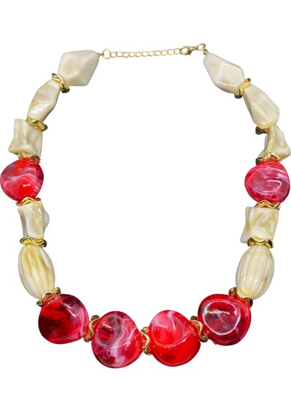 Bordoya Yakın Kırmızı ve Krem Renk; Uzatma Ile 50 cm Kolye Uznluğu; Şık Tasarım,bohem Tarz Ötesi Akrilik Esaslı Kolye (KOD2871)