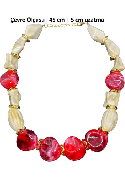 Bordoya Yakın Kırmızı ve Krem Renk; Uzatma Ile 50 cm Kolye Uznluğu; Şık Tasarım,bohem Tarz Ötesi Akrilik Esaslı Kolye (KOD2871) fiyatları