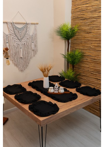 Rufle | Siyah 7 Parça Çift Fırfırlı Sofra Sunum Seti 40 x 110