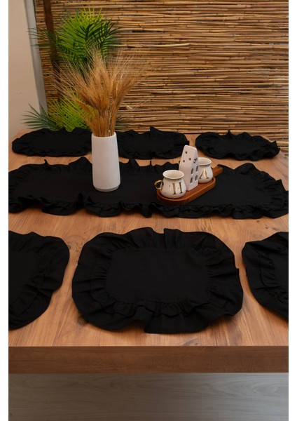 Rufle | Siyah 7 Parça Çift Fırfırlı Sofra Sunum Seti 40 x 110 indirimleri