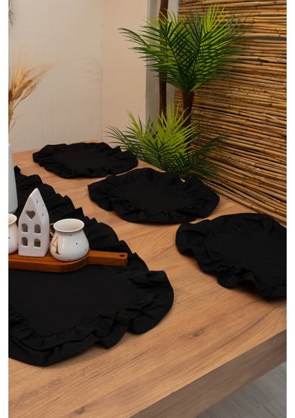 Rufle | Siyah 7 Parça Çift Fırfırlı Sofra Sunum Seti 40 x 110