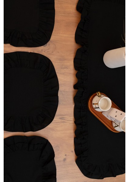 Rufle | Siyah 7 Parça Çift Fırfırlı Sofra Sunum Seti 40 x 110