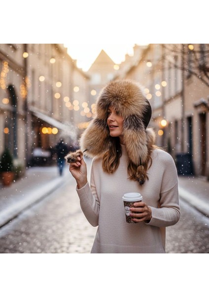 Hakiki Deri Gerçek Tilki Kürklü Ushanka Şapka Erkek Kadın Şapka Bere Kahverengi Sıcak Kışlık