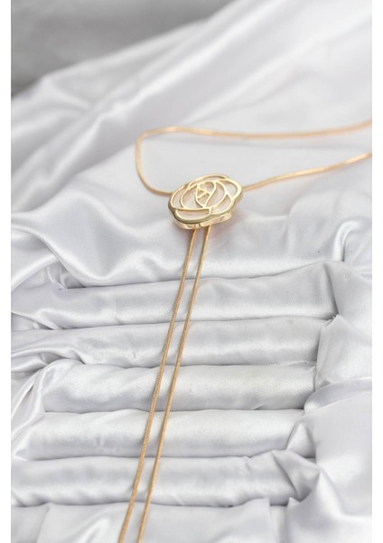 Pirinç Gold Renk Gül Model Asansörlü Kadın Kolye - Bamido