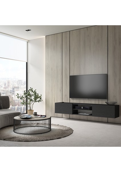 Hunerika Dinova 2 Kapaklı Tv Ünitesi-Wood Siyah-Minifiks Bağlantılı