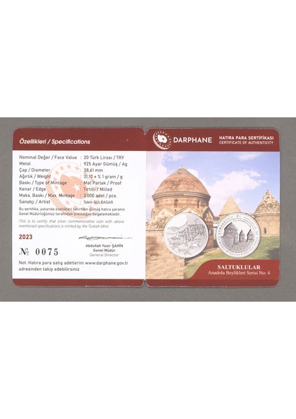 Anadolu Beylikleri Serisi No.4 – Saltuklular 2023 Hatıra Parası Gümüş Sertifikalı modelleri