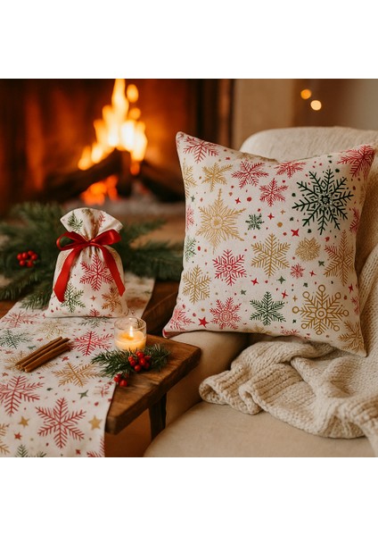 Yılbaşı Temalı Masa Runner + Kırlent Kılıfı + Hediye Kesesi Kombin Set – Kar Tanesi Desenli