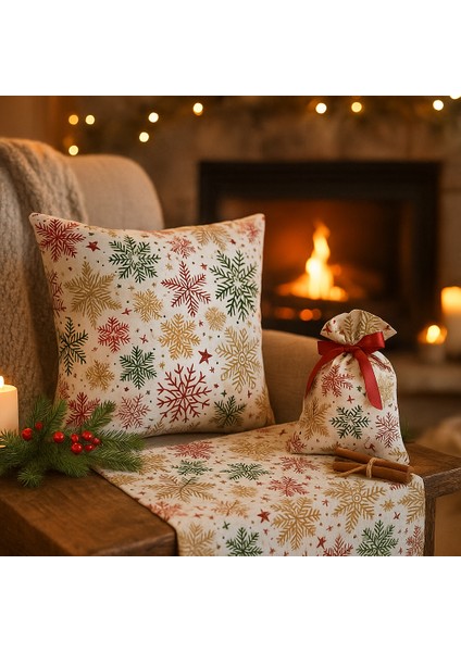 Yılbaşı Temalı Masa Runner + Kırlent Kılıfı + Hediye Kesesi Kombin Set – Kar Tanesi Desenli fiyatları