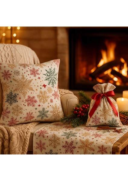 Yılbaşı Temalı Masa Runner + Kırlent Kılıfı + Hediye Kesesi Kombin Set – Kar Tanesi Desenli modelleri