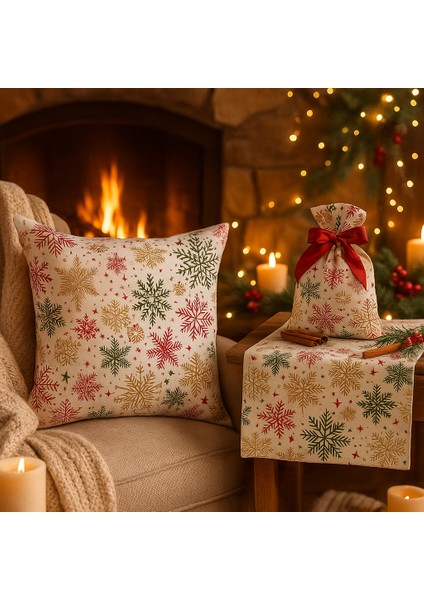 Yılbaşı Temalı Masa Runner + Kırlent Kılıfı + Hediye Kesesi Kombin Set – Kar Tanesi Desenli fırsatları