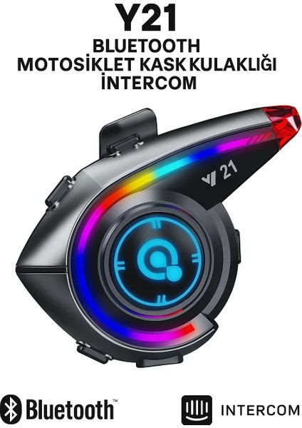 Y21 Bluetooth Motosiklet Kask Kulaklığı – Renkli LED Işıklı, Interkom Destekli, Yüksek Ses Kalites