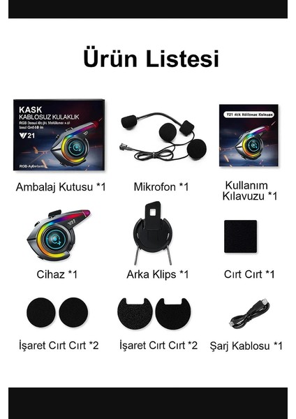 Y21 Bluetooth Motosiklet Kask Kulaklığı – Renkli LED Işıklı, Interkom Destekli, Yüksek Ses Kalites fiyatları