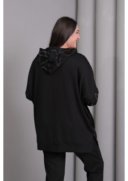 Kadın Büyük Beden Siyah, Kapüşonlu Fermuarlı, Ön ve Kollar Taş Detaylı Astarsız Tunik Ceket 65N39196 fiyatları