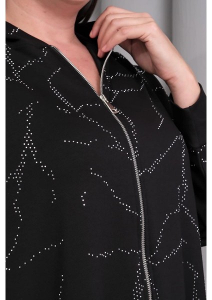 Kadın Büyük Beden Siyah, Kapüşonlu Fermuarlı, Ön ve Kollar Taş Detaylı Astarsız Tunik Ceket 65N39196 modelleri