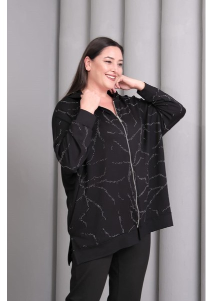 Kadın Büyük Beden Siyah, Kapüşonlu Fermuarlı, Ön ve Kollar Taş Detaylı Astarsız Tunik Ceket 65N39196 indirimleri