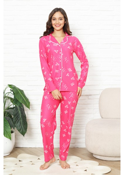 Kadın %100 Pamuk Pijama Takımı - Pat Yakalı-Baskılı ve Düğme Kapamalı 12354