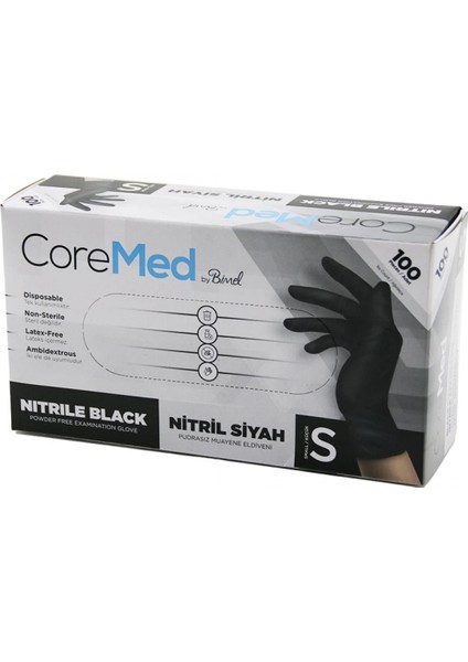 S Beden Siyah Pudrasız Nitril Muayene Eldiveni 100LÜ (K95)