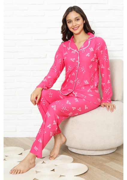 Kadın %100 Pamuk Pijama Takımı - Pat Yakalı-Baskılı ve Düğme Kapamalı 12354 fiyatları