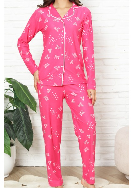Kadın %100 Pamuk Pijama Takımı - Pat Yakalı-Baskılı ve Düğme Kapamalı 12354 modelleri