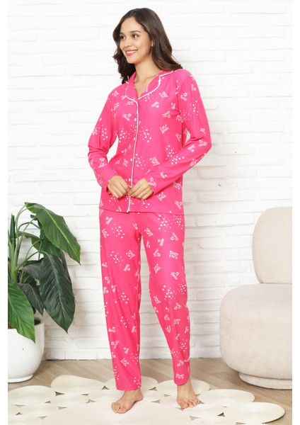 Kadın %100 Pamuk Pijama Takımı - Pat Yakalı-Baskılı ve Düğme Kapamalı 12354 fırsatları