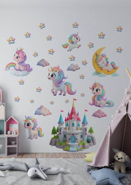 Unicorn Temalı Boy Ölçerli Duvar Sticker Seti | Çocuk Odası Dekoru | Mat Yüzey, Kolay Uygulama, Sökülebilir fiyatları