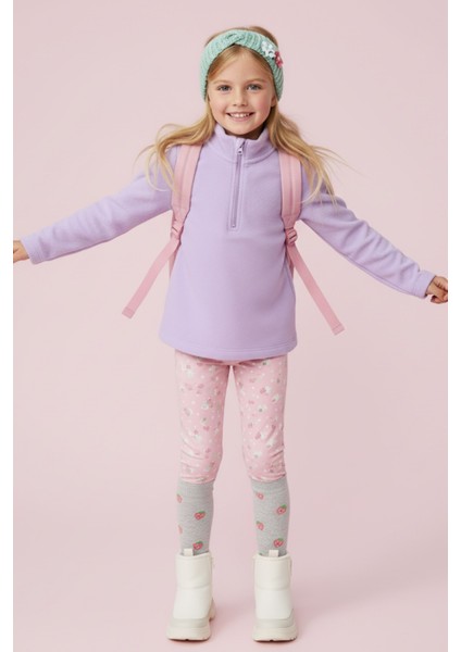 Kız Çocuk Uzun Kollu Mor Dik Yaka Yarım Fermuarlı Polar Üst - Kız Çocuk Sweatshirt, Kız Çocuk Polar modelleri