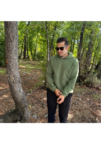 Erkek 3 Iplik Basic Oversize Kanguru Cepli Kapüşonlu Sweatshirt