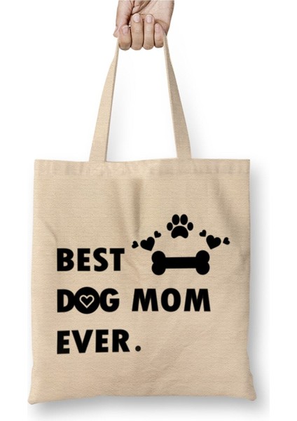 Best Dog Mom Köpek Annesi Beyaz Bez Çanta Uzun Saplı Alışveriş Çantası Plaj Çantası