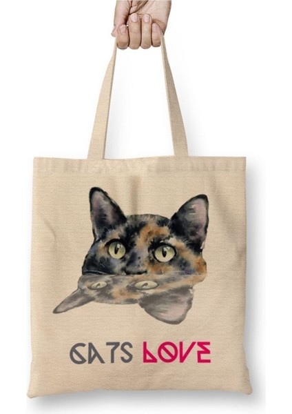 Cats Love Kedi Beyaz Bez Çanta Uzun Saplı Alışveriş Çantası Plaj Çantası