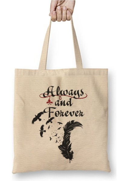 Vampire Diaries Always And Forever Beyaz Bez Çanta Uzun Saplı Alışveriş Çantası Plaj Çantası