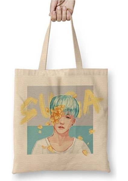Bts Suga Beyaz Bez Çanta Uzun Saplı Alışveriş Çantası Plaj Çantası