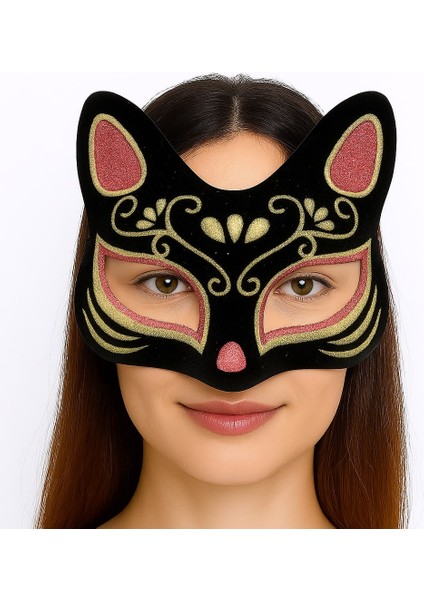 bulurum siyah renk süet kaplama üzeri kırmızı sarı simli kedi maskesi 17x14 cm
