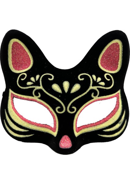 bulurum siyah renk süet kaplama üzeri kırmızı sarı simli kedi maskesi 17x14 cm modelleri