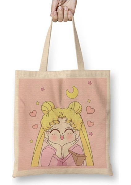 Sailor Moon Heart Kalp Anime Bez Çanta Uzun Saplı Alışveriş Çantası Plaj Çantası