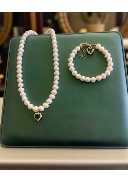 Sertifikalı Gerçek Doğal Beyaz Inci Kadın Bileklik Kolye Çelik Klips Zirkon Kalp Yeşil Charm