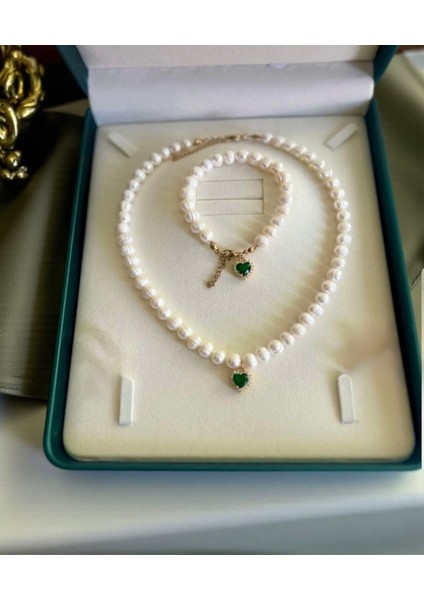 Sertifikalı Gerçek Doğal Beyaz Inci Kadın Bileklik Kolye Çelik Klips Zirkon Kalp Yeşil Charm fiyatları