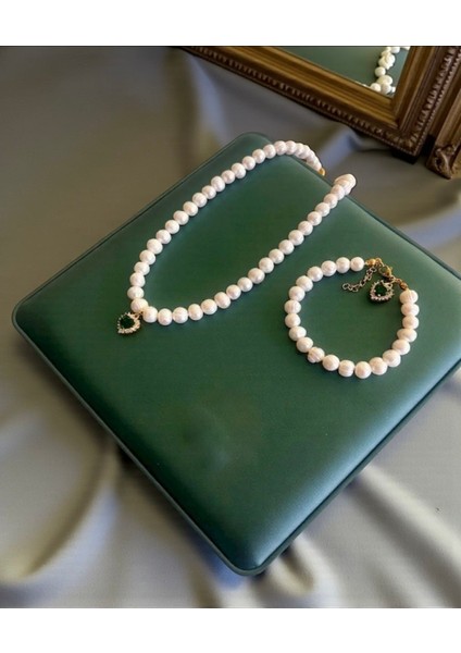 Sertifikalı Gerçek Doğal Beyaz Inci Kadın Bileklik Kolye Çelik Klips Zirkon Kalp Yeşil Charm modelleri