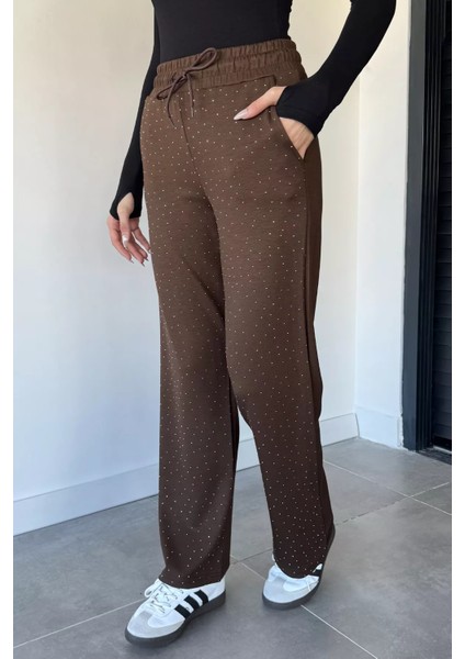 Kadın Yüksek Bel Taş Işlemeli Çift Cepli Bel Lastikli Pantolon P-00018985