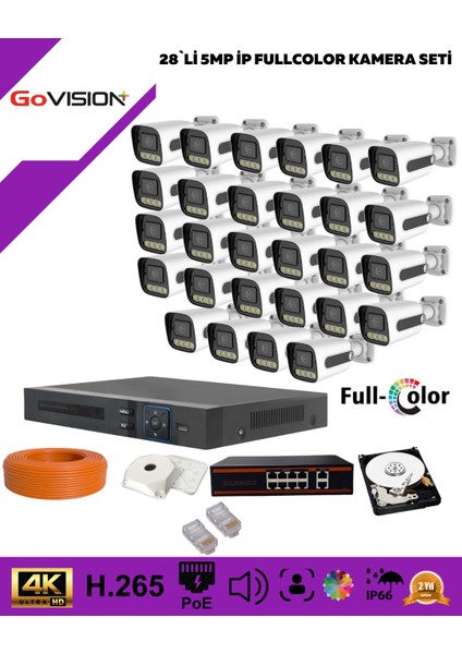 Go Vision 28'li Güvenlik Ip Kamera Seti - 5mp Dış Mekan Kamera, 3.6mm Lens, H.265, Poe, Warm LED Gece Görüşlü